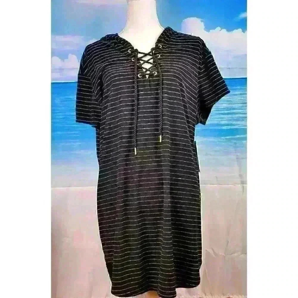 BLACK HOODIE Beach Cover Up NWT Time & Tru STRETCH Tunic Dress Swim suit size Sm